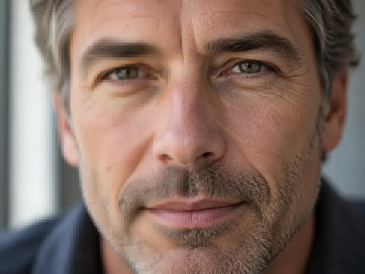 Close-up facial enhancement showing authentic skin pores and eyelashes