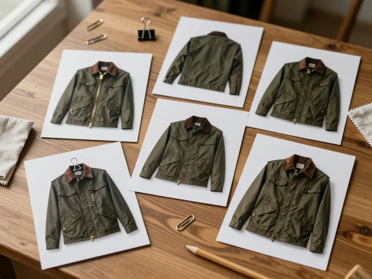 Several reference photographs of the same jacket laid out together on a desk