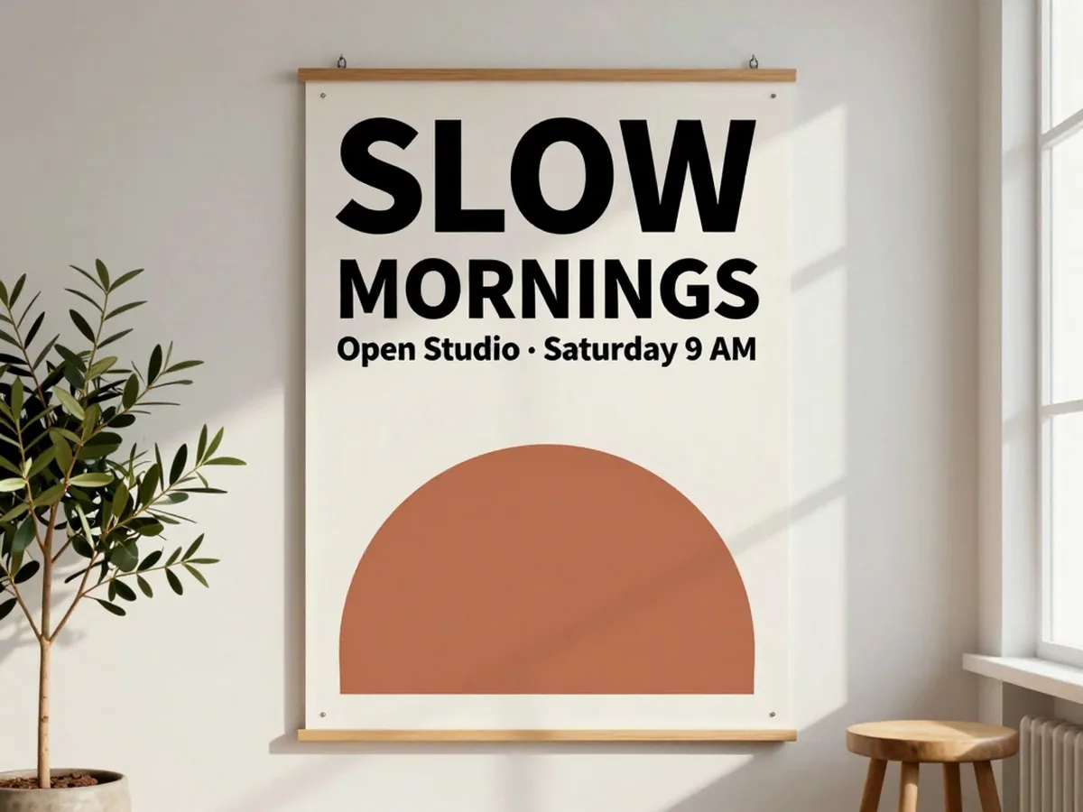 A printed poster with a bold headline and clean margins on a studio wall