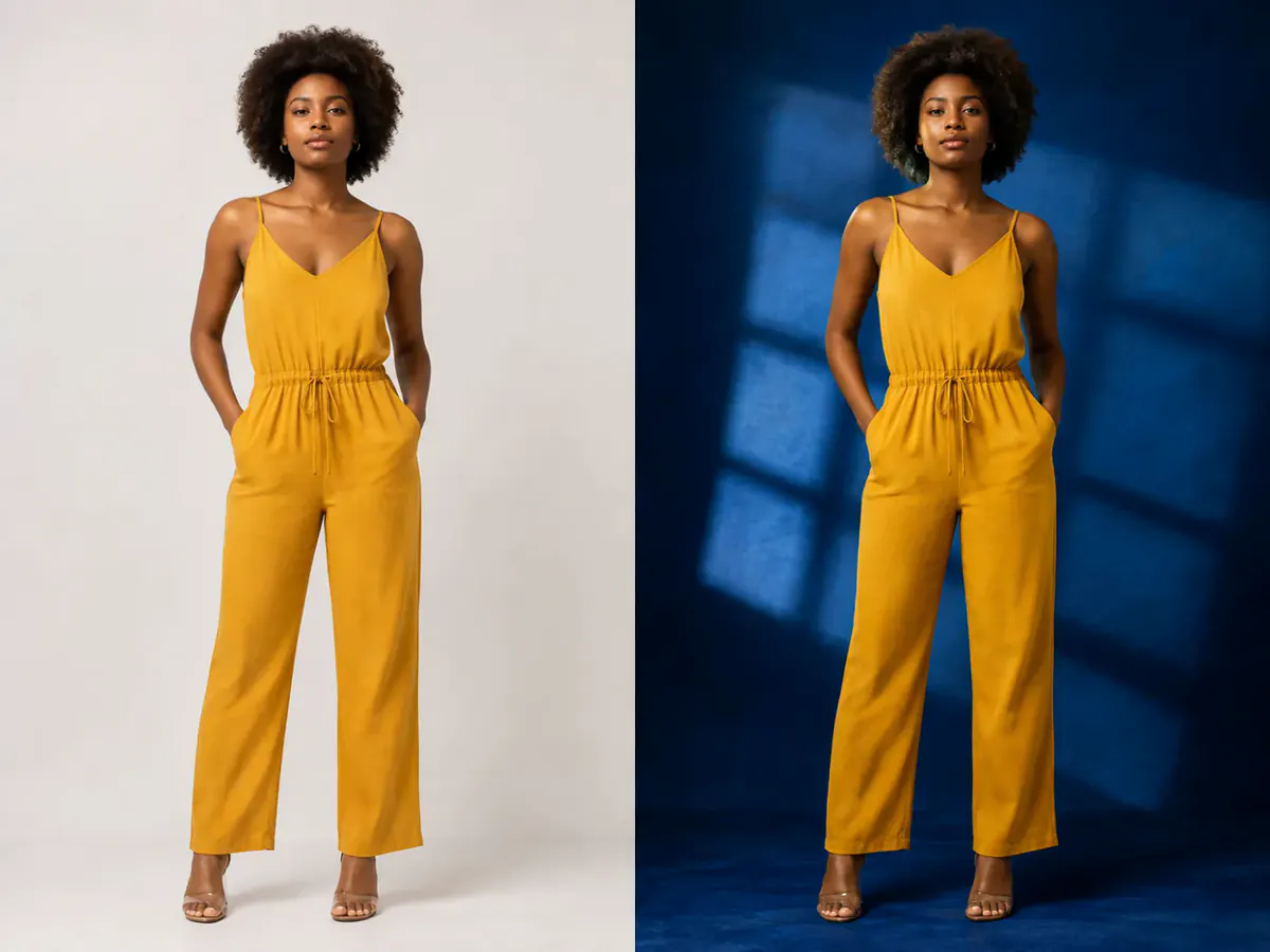Applying a bold editorial style to a fashion portrait with AI photo editing