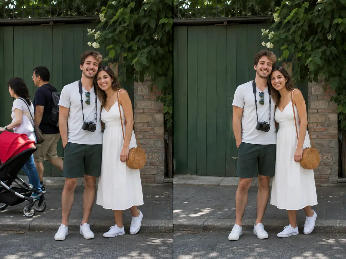 Removing people from the background of a travel photo with an AI image editor