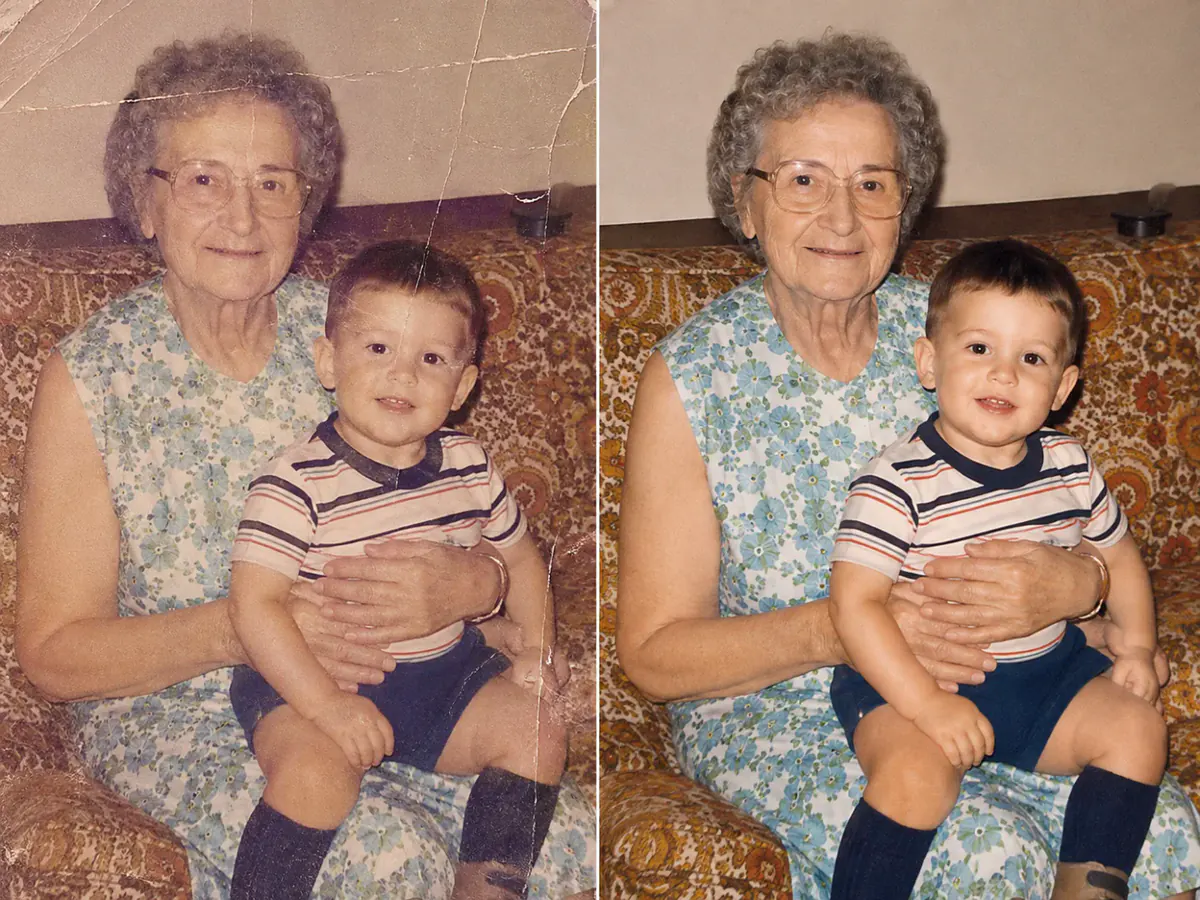 Old photo restoration repairing a scratched family photograph