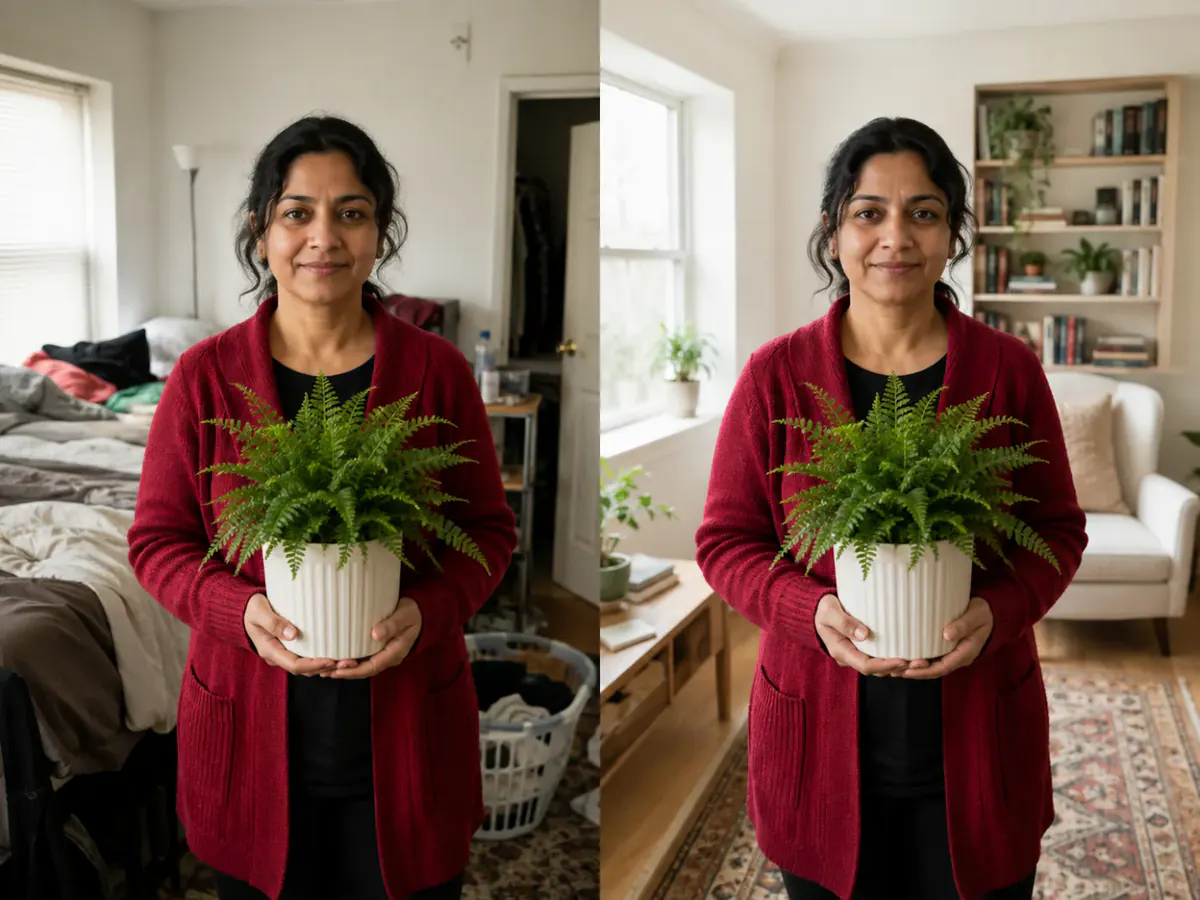 AI photo editor changing a portrait background while the subject stays recognisable