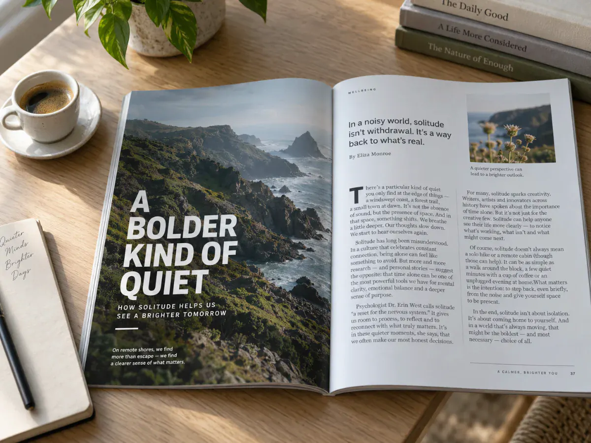 Open magazine spread with bold headline typography on a pale wooden desk