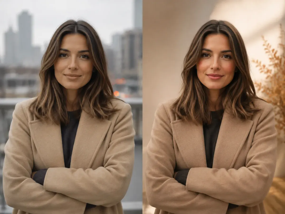 Portrait before and after its background was replaced
