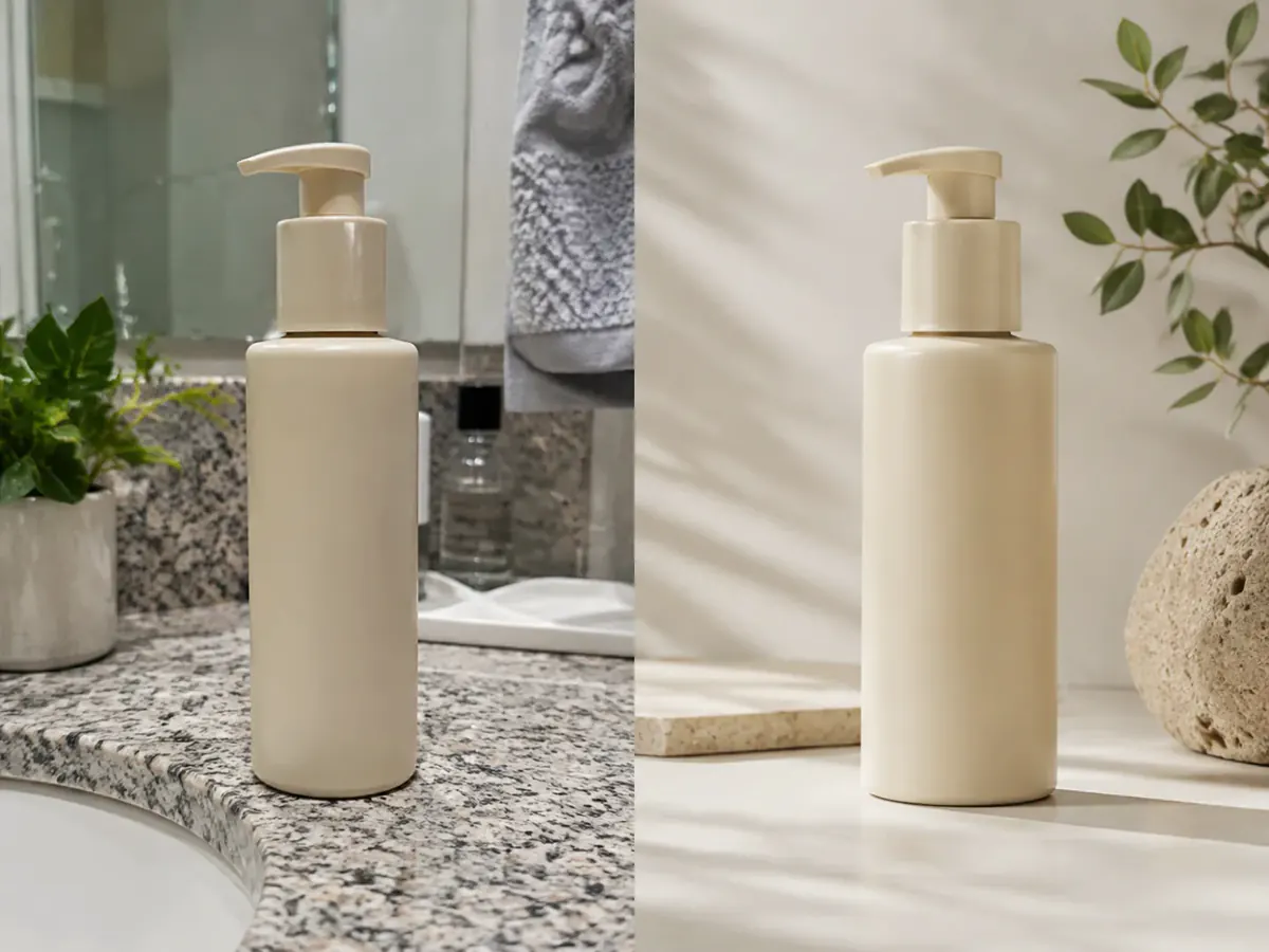 Product photo editing that places a skincare bottle into a clean studio scene