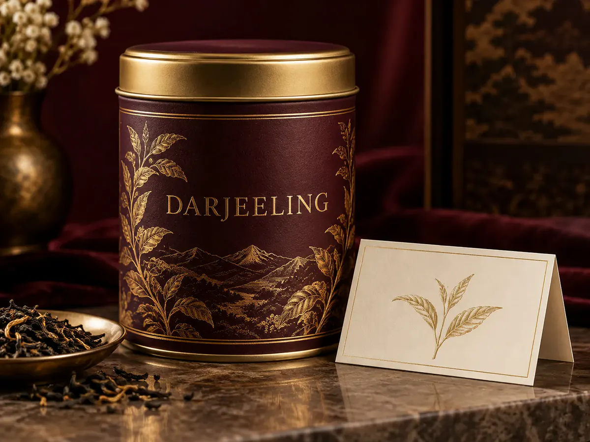 A gold-foil Darjeeling tea label with readable serif type from the Nano Banana Pro image generator